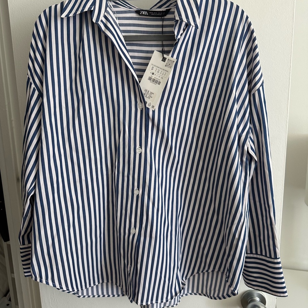 Zara Navy and White Striped Button Down Shirt